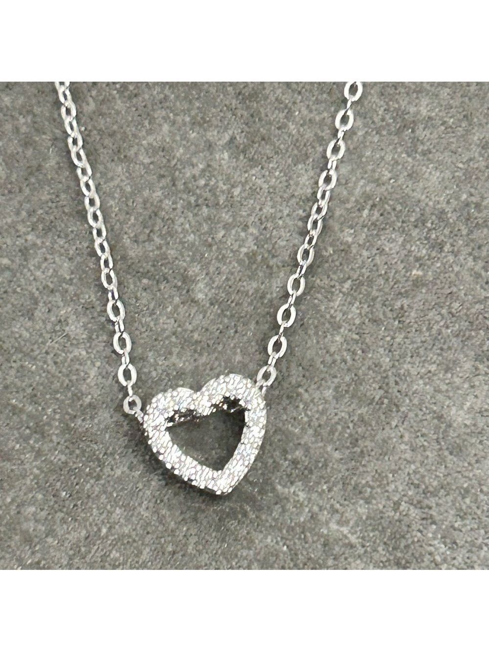 Silver-tone rhinestone cubic zirconia tiny small heart pendant necklace